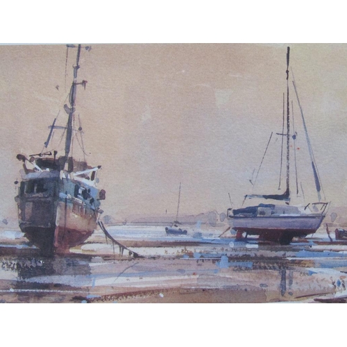 1222 - PAIR OF LIMITED EDITION SIGNED PRINTS - BOATS MOORED AT LOW TIDE BY RAY BALKWILL