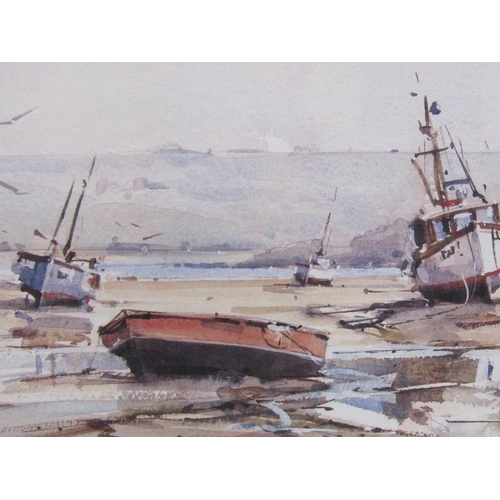 1222 - PAIR OF LIMITED EDITION SIGNED PRINTS - BOATS MOORED AT LOW TIDE BY RAY BALKWILL