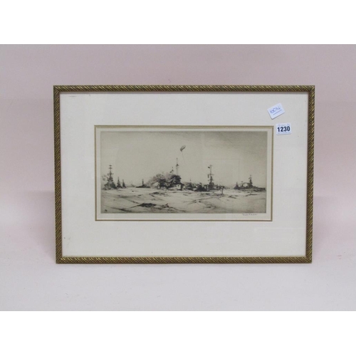 1230 - FRANK H MASON - FRAMED B&W ENGRAVING, NAVAL MENEUVERS, SIGNED IN PENCIL, F/G, 19CM X 36CM