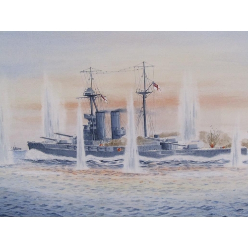 1236 - B.E NEWTON FOR C.H.C - PAIR, BATTLE SHIPS MAKING SMOKE & UNDER ATTACK, SIGNED WATERCOLOURS, F/G, 21C... 