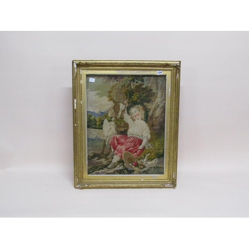 1244 - LATE VICTORIAN NEEDLEWORK PICTURE - GIRL WITH A GOAT, F/G, 60CM X 46CM