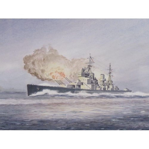 1247 - MONO B.E.H - WAR SHIP FIRING ITS GUNS & BY PLANE WITH EARLY AIRCRAFT CARRIER, SIGNED WATERCOLOURS, F... 