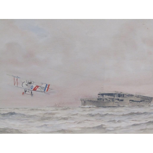 1247 - MONO B.E.H - WAR SHIP FIRING ITS GUNS & BY PLANE WITH EARLY AIRCRAFT CARRIER, SIGNED WATERCOLOURS, F... 