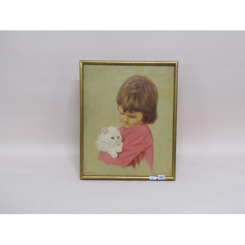 1251 - P DEIGHAN 74 - PORTRAIT OF A YOUNG CHILD WITH CAT, OIL ON CANVAS, FRAMED, 50CM X 42CM