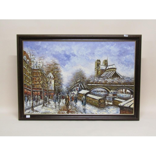 1256 - N SPENCER - PARIS IN WINTER WITH NOTRE DAME, SIGNED, OIL ON CANVAS, FRAMED, 60CM X 90CM