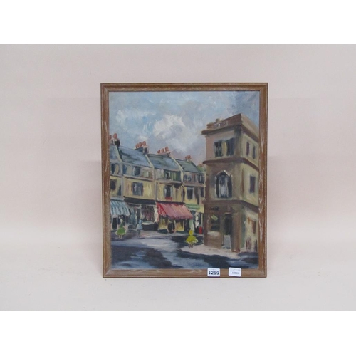 1259 - B EDWARDS - STREET CORNER, SIGNED OIL ON BOARD, FRAMED, 45CM X 37CM