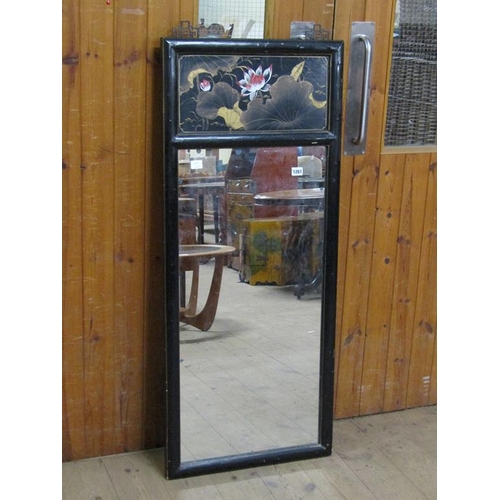 1261 - LATE 19C/EARLY 20C ORIENTAL BLACK LACQUERED AND PAINTED WALL MIRROR, 125CM X 50CM