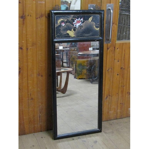 1261 - LATE 19C/EARLY 20C ORIENTAL BLACK LACQUERED AND PAINTED WALL MIRROR, 125CM X 50CM