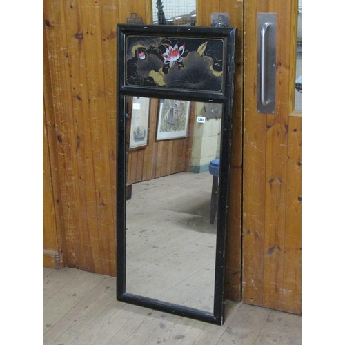 1261 - LATE 19C/EARLY 20C ORIENTAL BLACK LACQUERED AND PAINTED WALL MIRROR, 125CM X 50CM