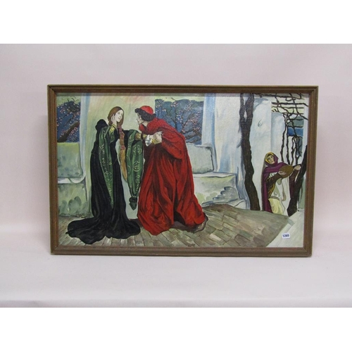 1265 - O MISTRESS MINE BY J W GLEGHORN AFTER E A ABBEY, OIL ON BOARD, FRAMED, 65CM X 100CM