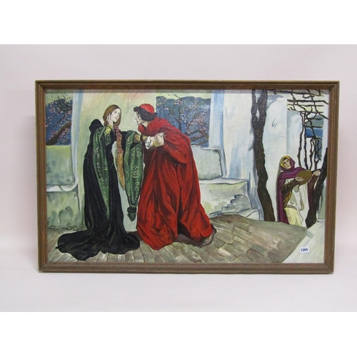 1265 - O MISTRESS MINE BY J W GLEGHORN AFTER E A ABBEY, OIL ON BOARD, FRAMED, 65CM X 100CM