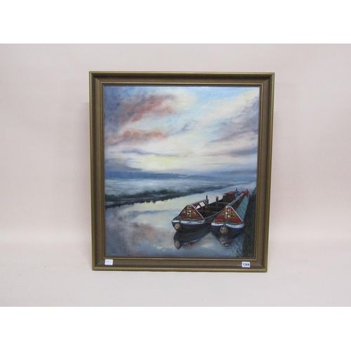 1269 - G STONE - TWO MOORED BARGES AT DAWN, SIGNED, OIL ON BOARD, FRAMED, 68CM X 60CM