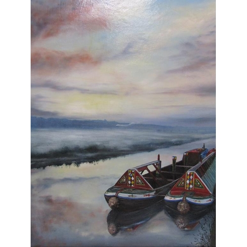 1269 - G STONE - TWO MOORED BARGES AT DAWN, SIGNED, OIL ON BOARD, FRAMED, 68CM X 60CM