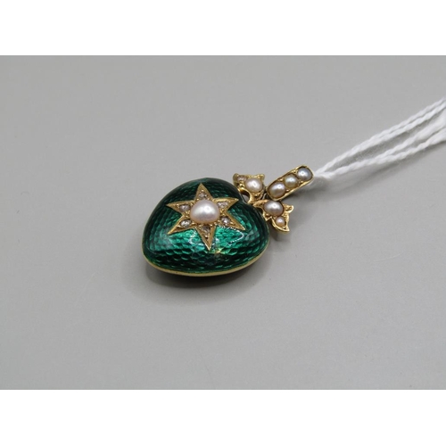 1633 - GOLD GREEN ENAMEL SEED PEARL DIAMOND PENDANT LOCKET