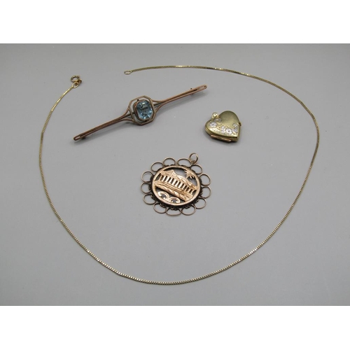 1636 - 9ct GOLD STONE SET BROOCH, TWO GOLD PENDANTS AND A GOLD CHAIN