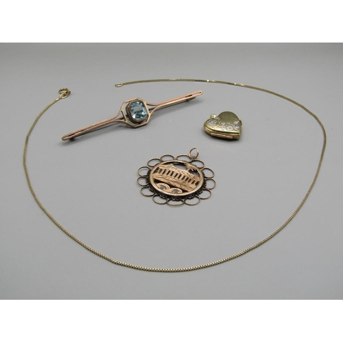 1636 - 9ct GOLD STONE SET BROOCH, TWO GOLD PENDANTS AND A GOLD CHAIN