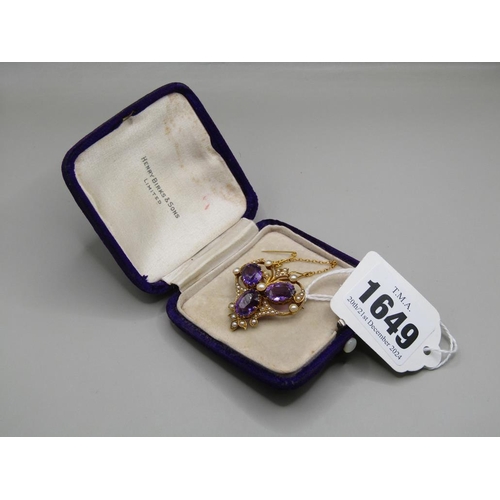 1649 - GOLD AMETHYST AND SEED PEARL PENDANT BROOCH