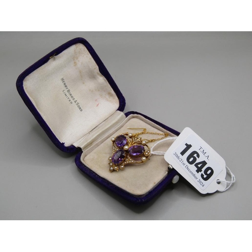 1649 - GOLD AMETHYST AND SEED PEARL PENDANT BROOCH