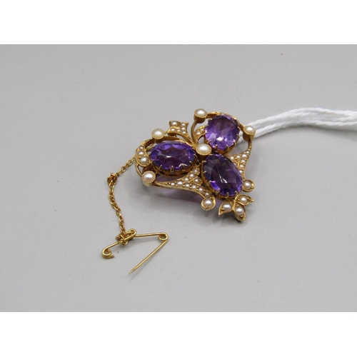 1649 - GOLD AMETHYST AND SEED PEARL PENDANT BROOCH