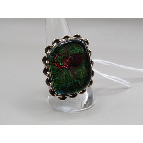 1668 - SILVER DICHROIC GLASS RING - SIZE R