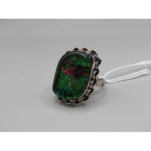 1668 - SILVER DICHROIC GLASS RING - SIZE R