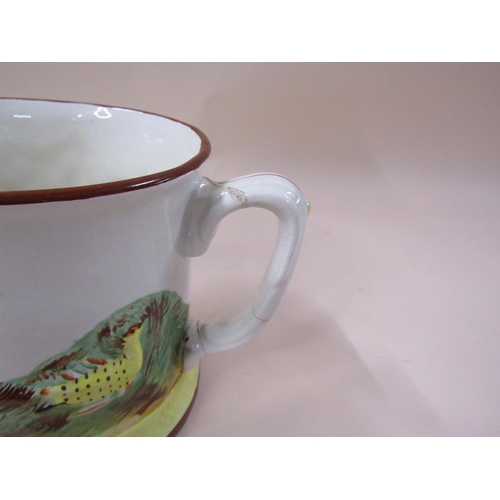 1910 - STAFFORDSHIRE TWO HANDLED FROG LOVING CUP, RELIEF MOULDED WITH HUNTING DOG SCENE, 15CM H, A/F