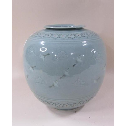 1919 - ORIENTAL CELEDON GLAZED VASE OF BALUSTER FORM, A/F, 31CM H