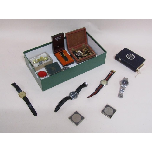 1733 - BOX OF LADIES AND GENTS WATCHES PLUS A SMALL AMOUNT OF COMMEMORATIVE COINS, LIGHTERS, CUFFLINKS ETC