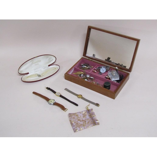 1743 - BOX OF MIXED COSTUME JEWELLERY AND WATCHES TO INCL SILVER OWL PENDANTS