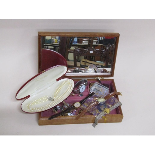 1743 - BOX OF MIXED COSTUME JEWELLERY AND WATCHES TO INCL SILVER OWL PENDANTS