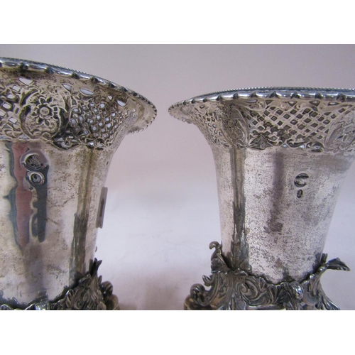 1775 - PAIR OF CONTINENTAL SILVER PIERCED VASES ON STANDS, TOTAL 18.3ozt