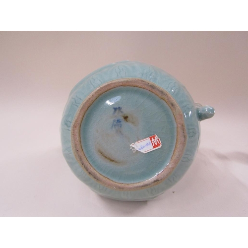 1982 - ORIENTAL CELEDON GLAZED TEAPOT IN FORM OF A FISH, 35CM H