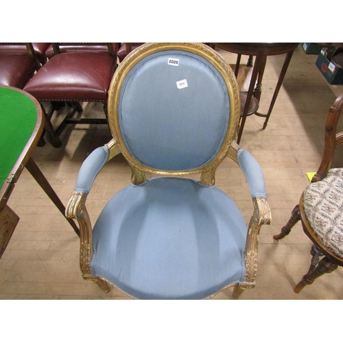 2020 - GILT FRAMED BLUE UPHOLSTERED CONTINENTAL OPEN ARMCHAIR