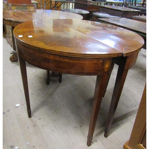 2047 - PAIR OF LATE GEORGIAN FIGURE MAHOGANY MARQUETRY INLAID DEMI LUNE TABLES, EACH 97CM W, 80CM H