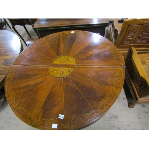 2047 - PAIR OF LATE GEORGIAN FIGURE MAHOGANY MARQUETRY INLAID DEMI LUNE TABLES, EACH 97CM W, 80CM H