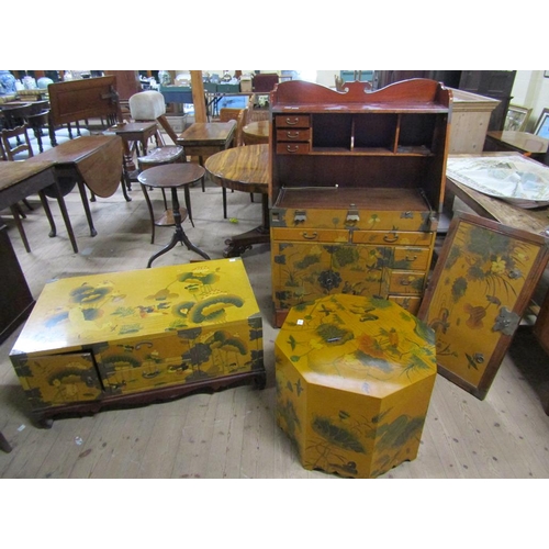 2049 - 20C ORIENTAL DESIGN SUITE OF BUREAU, LOW SIDE UNIT AND AN OCTAGONAL BOX TABLE