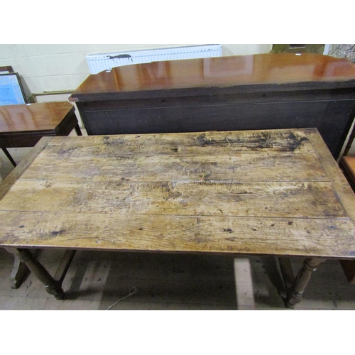 2052 - 19C OAK AND ELM PLANK TOP DINING TABLE ON STRETCHER FRAME, 168CM W