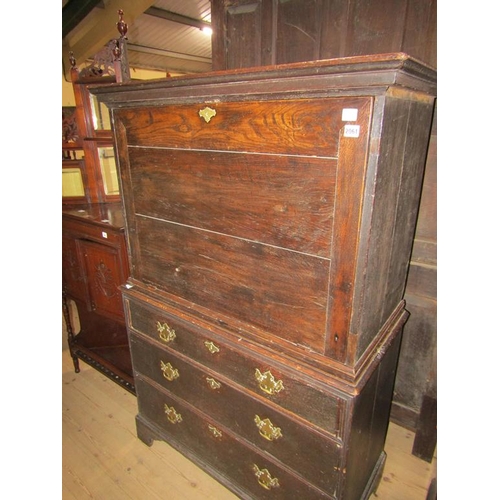 2061 - MID 18C OAK WRITING CABINET WITH FALL FRONT AND FITTED INTERIOR ON A BASE OF THREE LONG GRADUATED DR... 