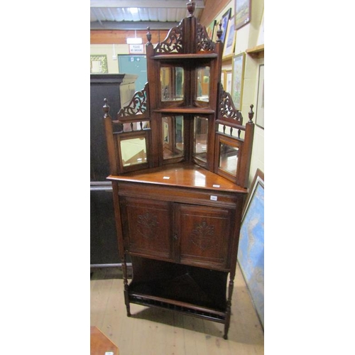 2062 - LATE VICTORIAN MAHOGANY MIRRORBACK STANDING CORNER CUPBOARD, 74CM W, 196CM H