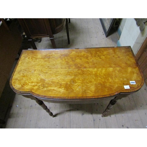 2065 - 19C FOLD OVER CARD TABLE, CROSS BANDED AND LINE INLAID, ON SIMULATED BAMBOO LEGS, 90CM W