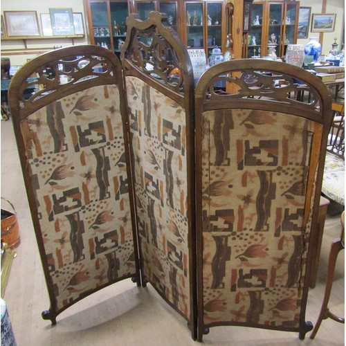 2015 - VICTORIAN WALNUT THREE FOLD SCREEN WITH PAINTED PANELS OF DOGS AND STAGS