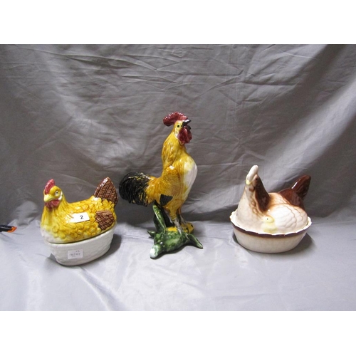 2 - TWO CERAMIC EGG CROCKS; COCKEREL ORNAMENT