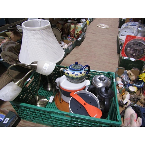 182 - BOX OF KITCHEN ITEMS, LAMPS ETC