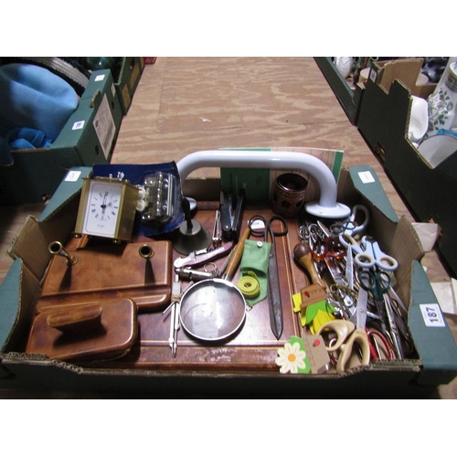 187 - BOX TO INCL DESK SET, CARRIAGE CLOCK, SCISSORS ETC