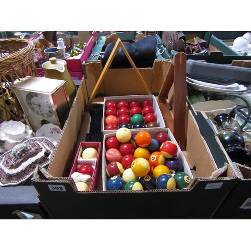 302 - BOX OF BILLIARD SNOOKER BALLS ETC