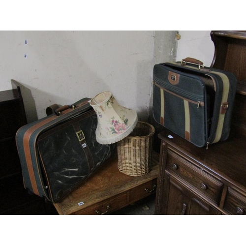 508 - SUITCASES, LAMP AND WICKER BASKET ETC