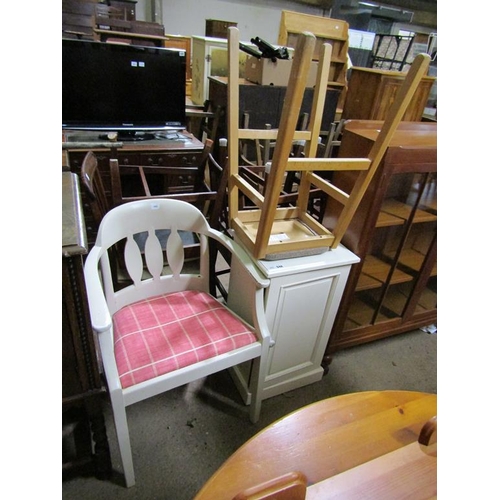 548 - TUB CHAIR, STOOL, CUPBOARD