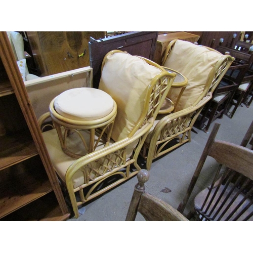 556 - TWO BAMBOO CHAIRS, TABLE, STOOL