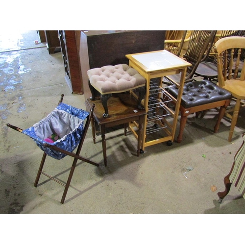 572 - STOOL, VEGETABLE RACK, TABLE ETC