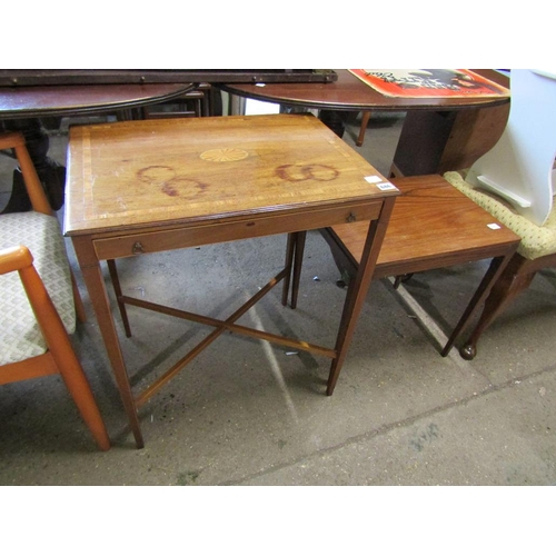 686 - EDWARDIAN INLAID TABLE AND A TEAK TABLE